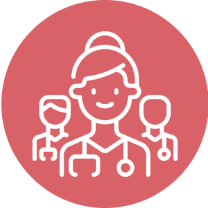 Medical team icon on red background.